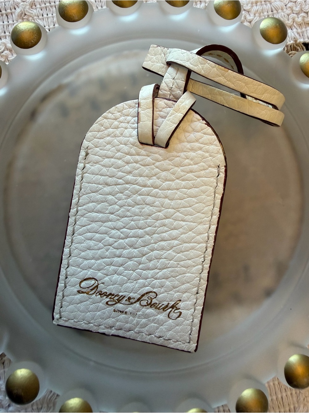 Dooney & Bourke White Pebbled Leather Luggage Tag / Hang Tag with Gold Logo